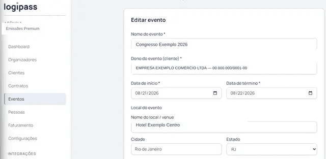 Tela de edição de evento no logipass, preenchida com o nome do evento, o cliente responsável com CNPJ, as datas de início e término, o nome do local, a cidade e o estado.