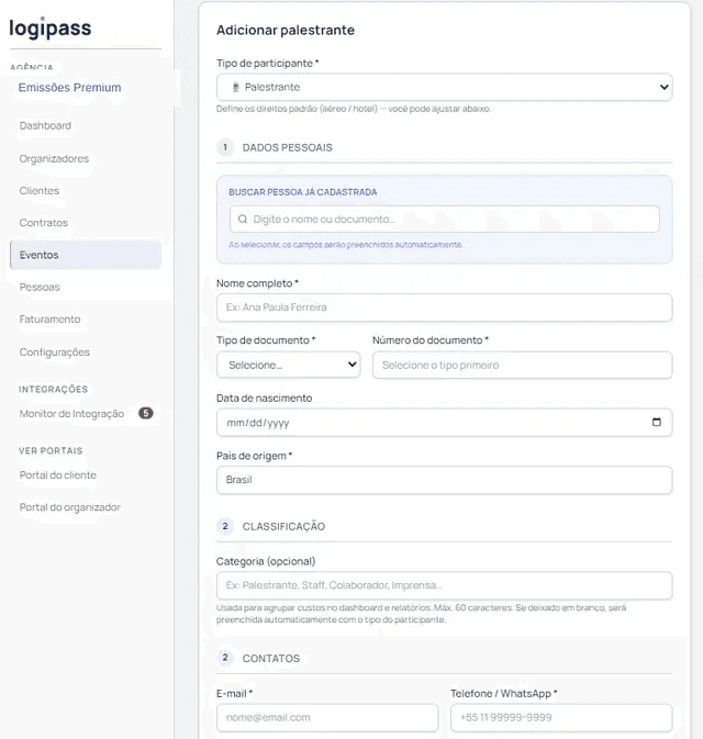 Formulário 'Adicionar palestrante' no logipass, ainda em branco: tipo de participante, busca de pessoa já cadastrada, dados pessoais (nome completo, tipo e número de documento, data de nascimento, país de origem), classificação e contatos.