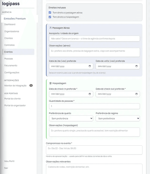 Segunda parte do cadastro do participante: caixas marcadas para direito a passagem aérea e a hospedagem, seguidas dos campos de aeroporto de origem e observações do aéreo, datas de check-in e check-out, quantidade de pessoas, preferência de quarto e de regime, e campos de observações e do compromisso do participante no evento.